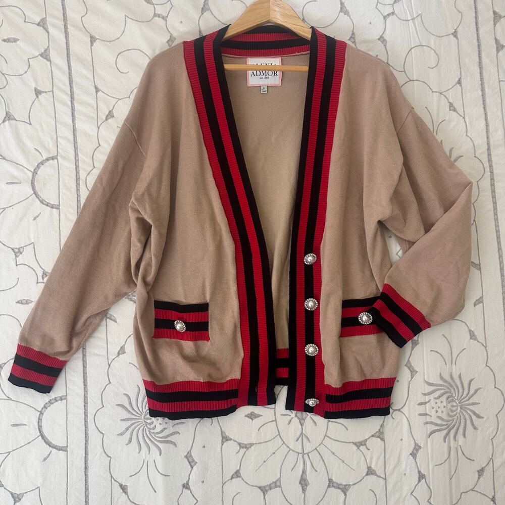 Alexia Admor Camel Cardigan Pearl Button Trim Preppy Sweater